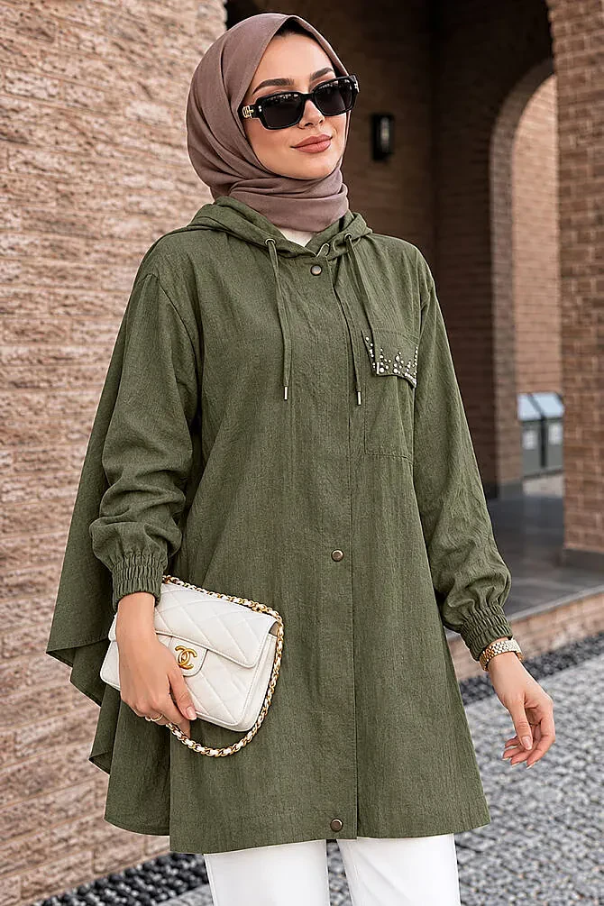 Hooded Drawstring Detail Strawberry-texture fabric Khaki Modest Long Jacket 15241HK - 1