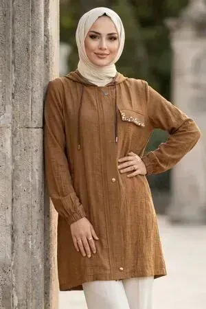 Hooded Drawstring Detail Strawberry-texture fabric Tan Modest Long Jacket 15241TB - 1