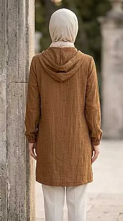Hooded Drawstring Detail Strawberry-texture fabric Tan Modest Long Jacket 15241TB - 2