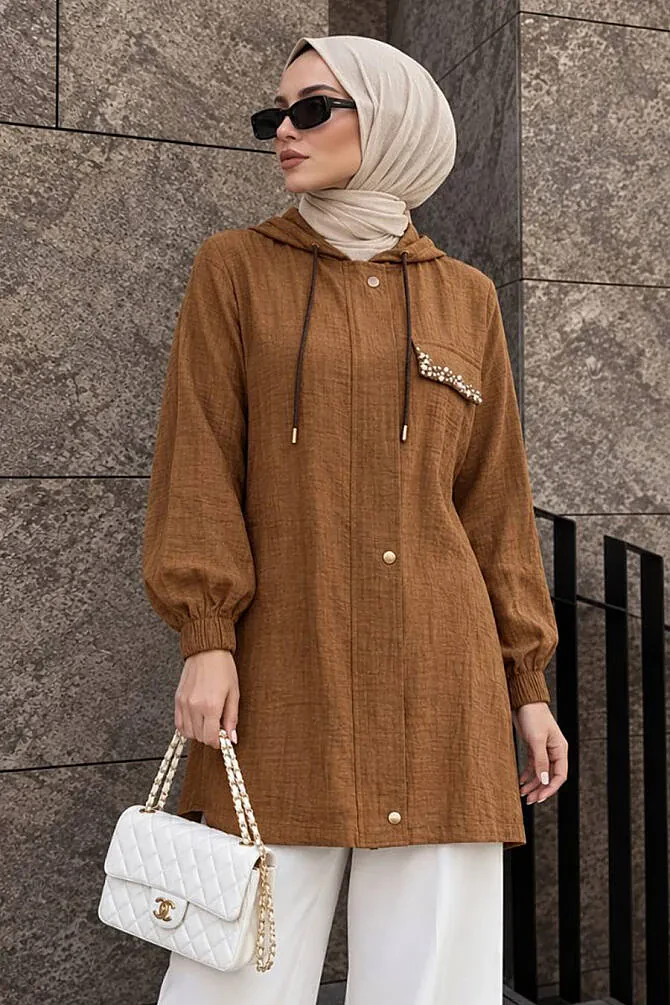 Hooded Drawstring Detail Strawberry-texture fabric Tan Modest Long Jacket 15241TB - 1