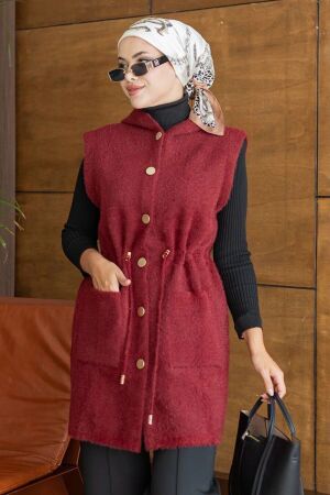 Hooded Drawstring-Waist Burgundy Eyelash Angora Modest Knit Vest 251485BR 