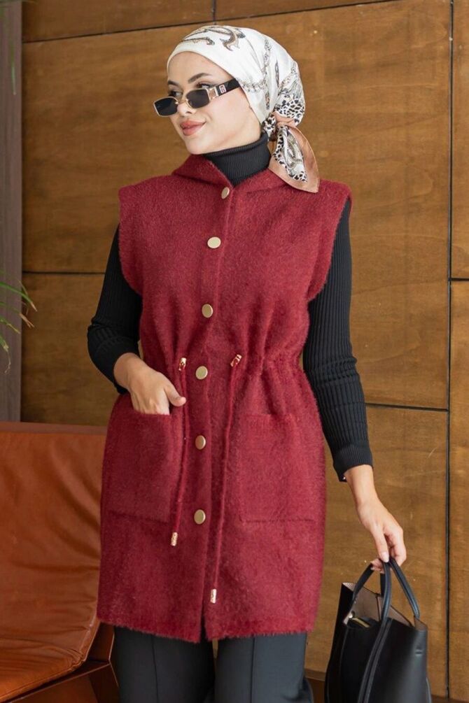 Hooded Drawstring-Waist Burgundy Eyelash Angora Modest Knit Vest 251485BR - 1