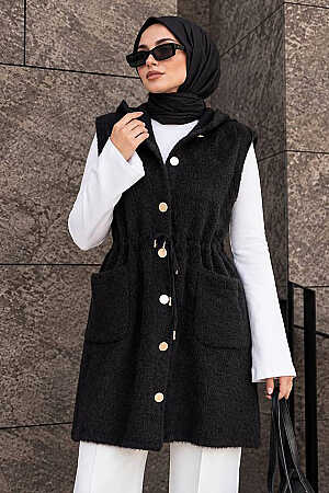 Hooded Drawstring-Waist Pocketed Black Eyelash Angora Modest Knit Vest 251438S - N.S NEVA STYLE