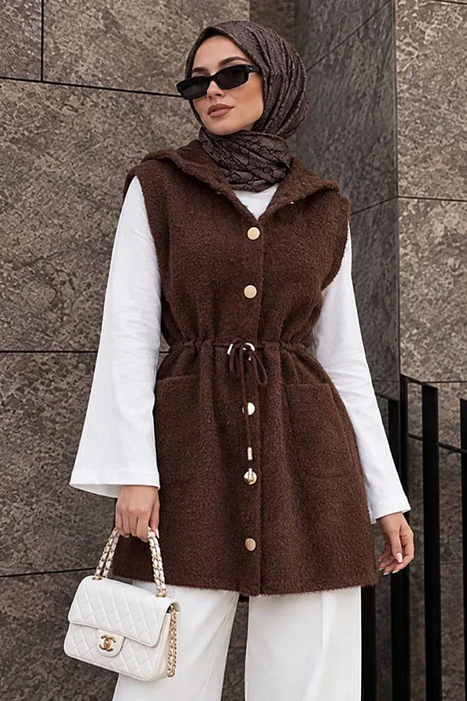 Hooded Drawstring-Waist Pocketed Brown Eyelash Angora Modest Knit Vest 251438KH - 1