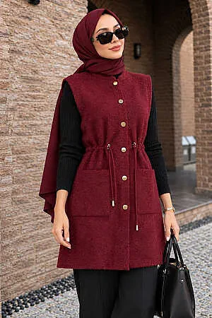 Hooded Drawstring-Waist Pocketed Burgundy Eyelash Angora Modest Knit Vest 251438BR - N.S NEVA STYLE