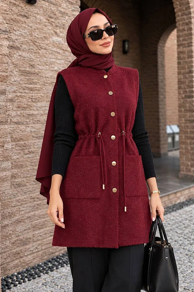 Hooded Drawstring-Waist Pocketed Burgundy Eyelash Angora Modest Knit Vest 251438BR - 1