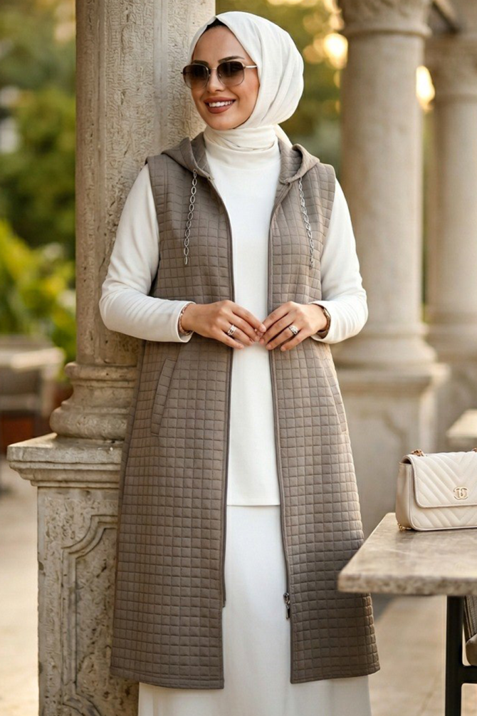 Hooded Khaki Modest Yelek 30415HK - 2