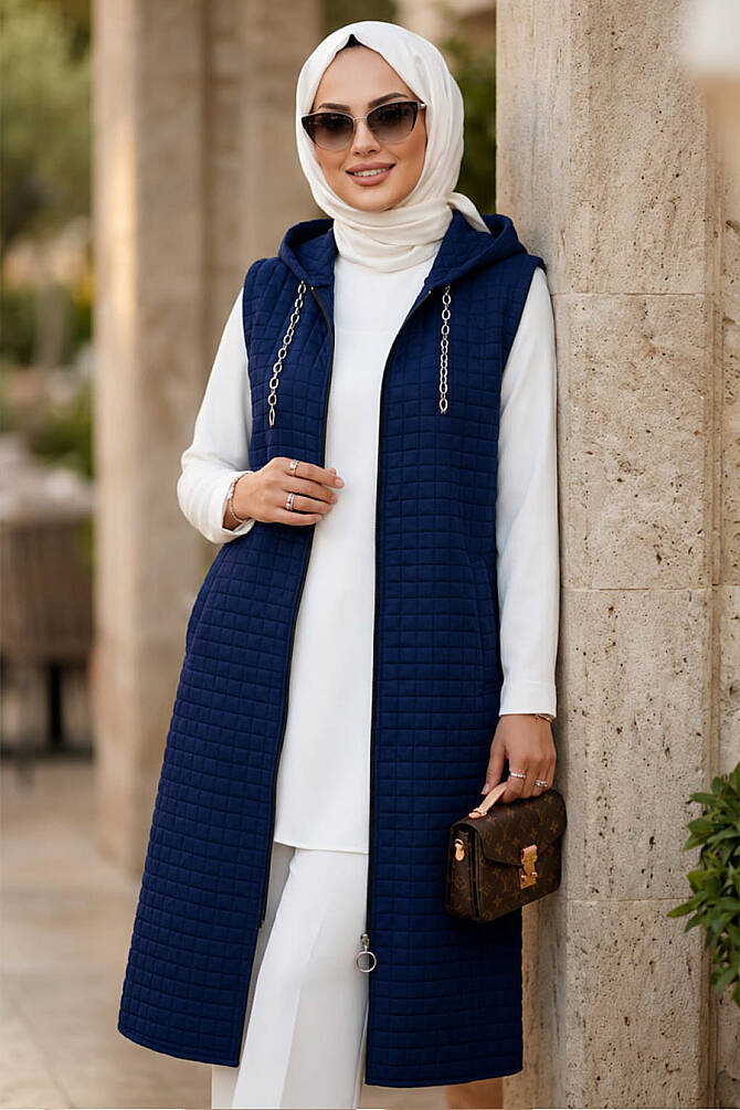 Hooded Navy Blue Modest Yelek 30415L - N.S NEVA STYLE