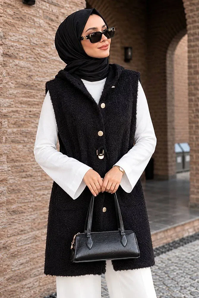 Hooded Waist Drawstring Black Modest Knit Vest 251485S - 1