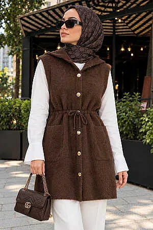 Hooded Waist Drawstring Brown Modest Knit Vest 251485KH - 1