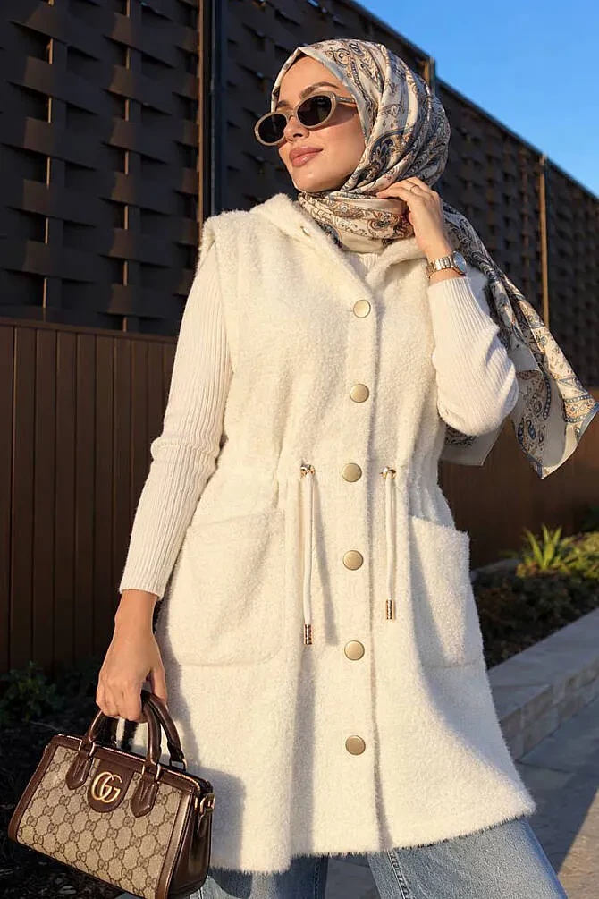Hooded Waist Drawstring Cream Modest Knit Vest 251485KR - 1