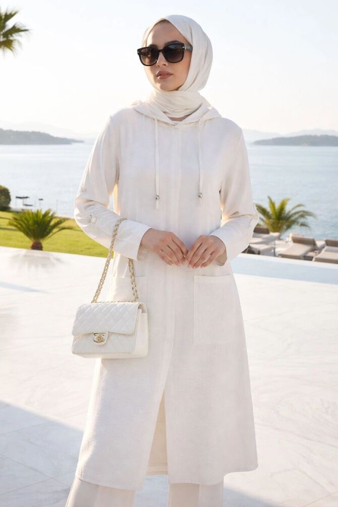 Hooded White Modest Coat 18461B - 1