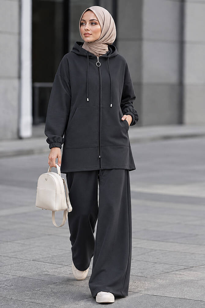 Hooded Zip-Up Oysho Fabric Anthracite Modest Trouser Set 3134ANT - 1