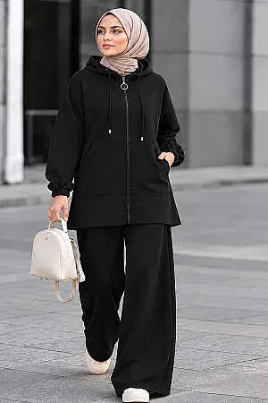 Hooded Zip-Up Oysho Fabric Black Modest Trouser Set 3134S 