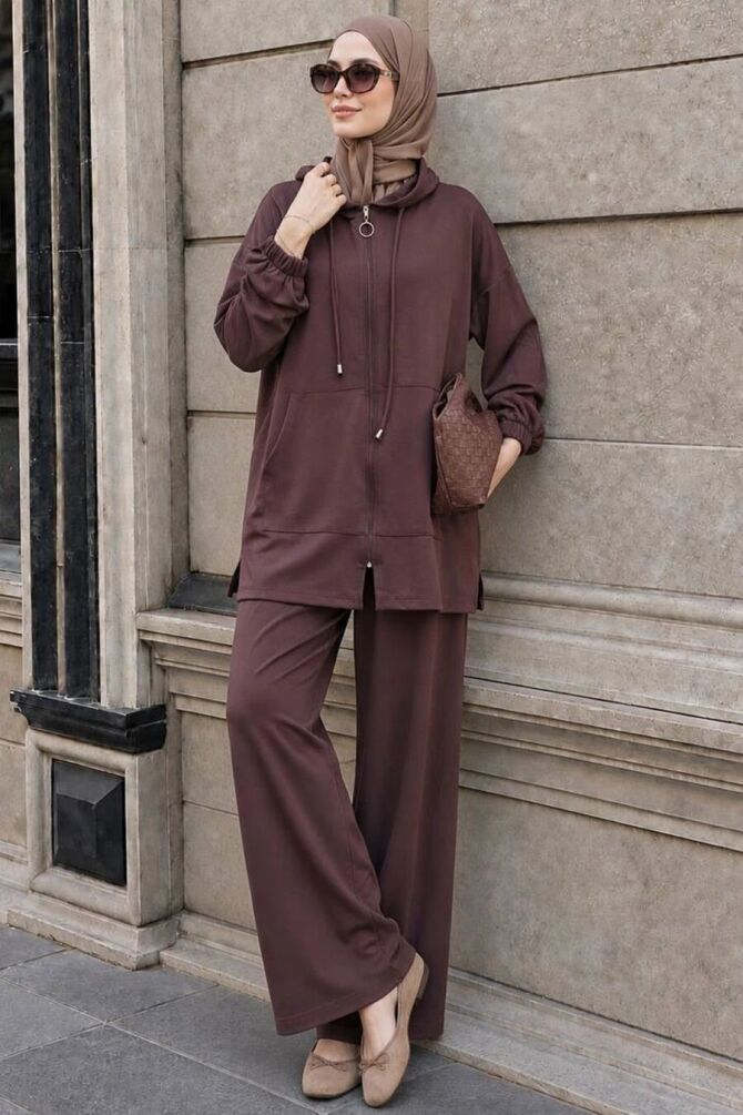 Hooded Zip-Up Oysho Fabric Brown Modest Trouser Set 3134KH - 1