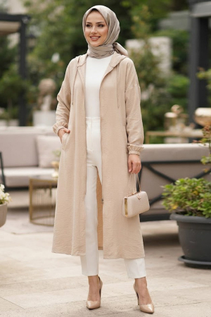 Hooded Zippered Beige Strawberry-texture fabric Modest Long Jacket 15493BEJ 