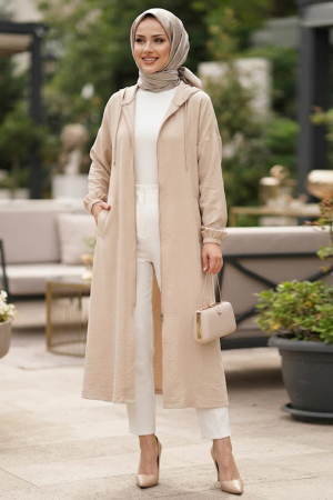 Hooded Zippered Beige Strawberry-texture fabric Modest Long Jacket 15493BEJ - 2