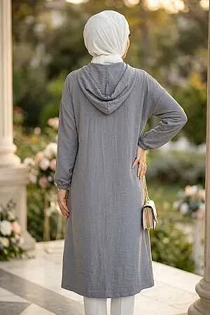 Hooded Zippered Gray Strawberry-texture fabric Modest Long Jacket 15493GR - 2