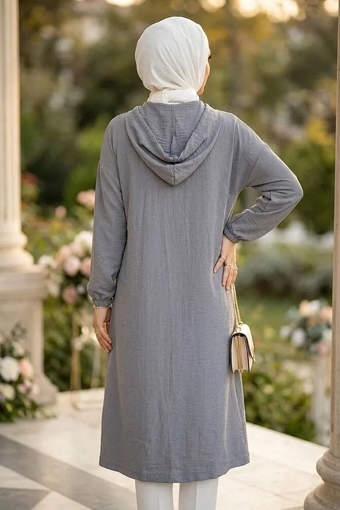Hooded Zippered Gray Strawberry-texture fabric Modest Long Jacket 15493GR - 2