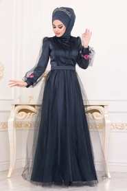 Huile Bleu - Tesettürlü Abiye Elbise - Robe de Soirée Hijab -3946PM - Thumbnail