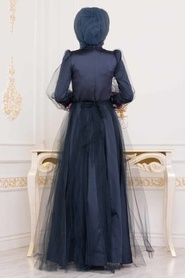 Huile Bleu - Tesettürlü Abiye Elbise - Robe de Soirée Hijab -3946PM - Thumbnail