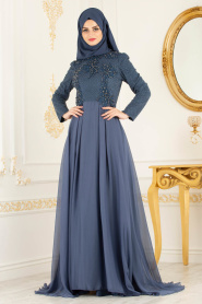 Huile Bleu - Tesettürlü Abiye Elbise - Robes de Soirée 36791PM - Thumbnail