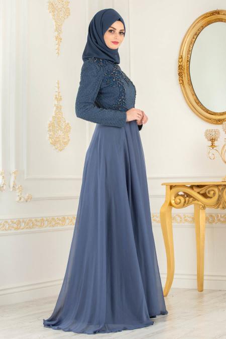 Huile Bleu - Tesettürlü Abiye Elbise - Robes de Soirée 36791PM - 2
