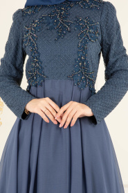 Huile Bleu - Tesettürlü Abiye Elbise - Robes de Soirée 36791PM - Thumbnail