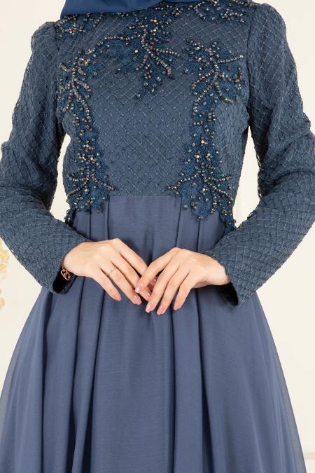 Huile Bleu - Tesettürlü Abiye Elbise - Robes de Soirée 36791PM - 3