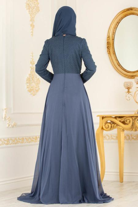 Huile Bleu - Tesettürlü Abiye Elbise - Robes de Soirée 36791PM - 4