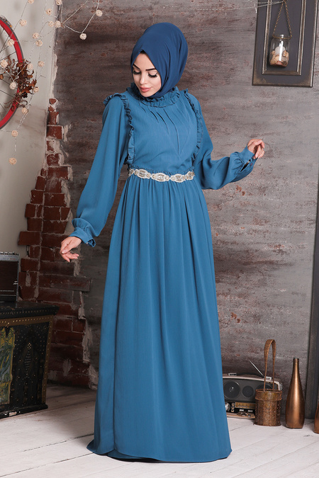 Huile Bleu - Tesettürlü Abiye Elbise - Robes de Soirée 37420PM