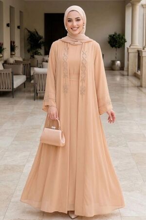 İçlikli ve Nakış İşlemeli Bisküvi Tesettür Abaya Elbise 10581BS 
