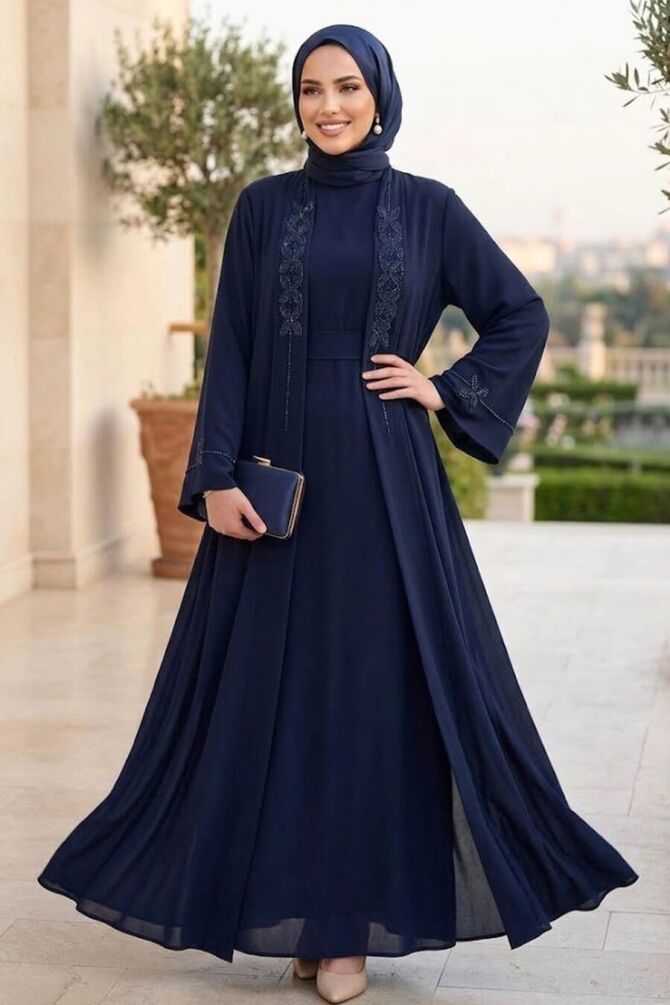İçlikli ve Nakış İşlemeli Lacivert Tesettür Abaya Elbise 10581L - 1