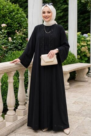 İçlikli ve Nakış İşlemeli Siyah Tesettür Abaya Elbise 10581S 