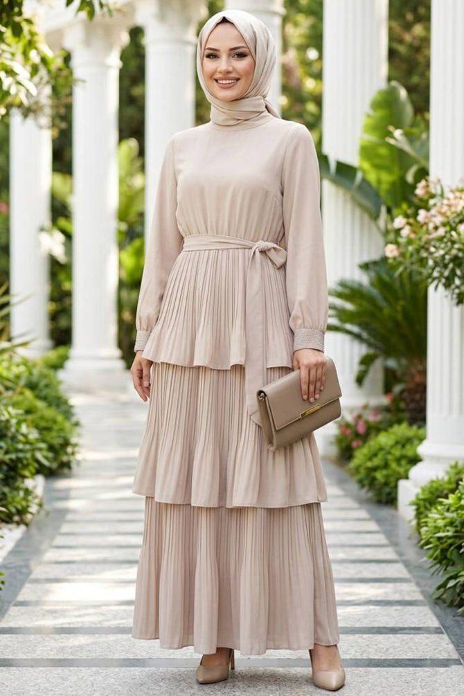 Imported Crepe Beige Layered Pleated Modest Dress 95719BEJ - 2