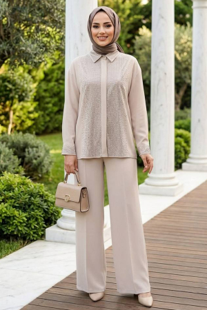 Imported Crepe Beige Stone Embroidered Modest Two-Piece Set 95726BEJ 