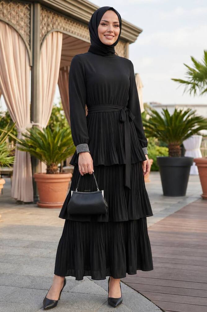 Imported Crepe Black Layered Pleated Modest Dress 95719S - 1