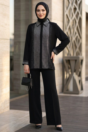 Imported Crepe Black Stone Embroidered Modest Two-Piece Set 95726S 