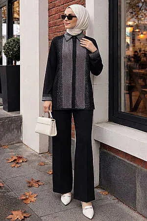 Imported Crepe Black Stone Embroidered Modest Two-Piece Set 95726S 