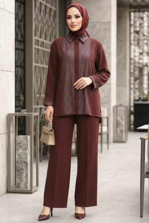 Imported Crepe Brown Stone Embroidered Modest Two-Piece Set 95726KH 
