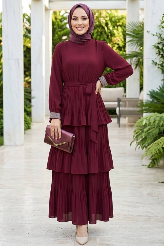 Imported Crepe Burgundy Layered Pleated Modest Dress 95719BR - 2
