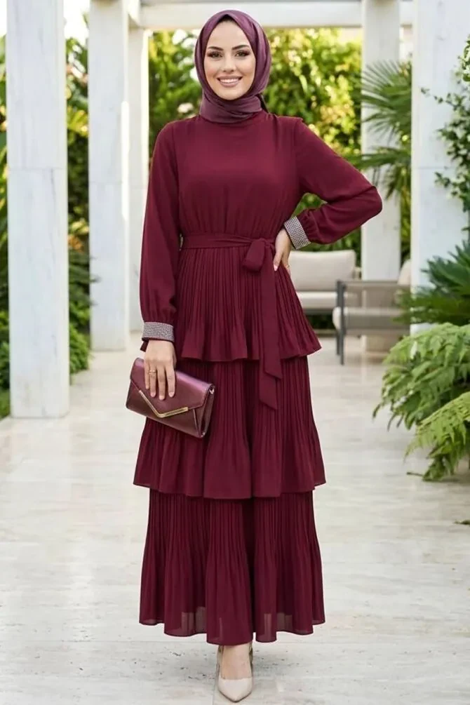 Imported Crepe Burgundy Layered Pleated Modest Dress 95719BR - 1