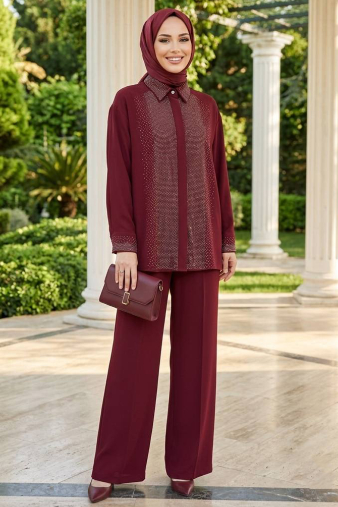 Imported Crepe Burgundy Stone Embroidered Modest Two-Piece Set 95726BR - 1