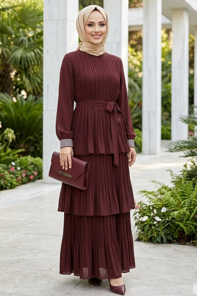 Imported Crepe Dark Brown Layered Pleated Modest Dress 95719KKH - 2
