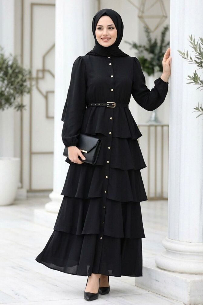 Imported Crepe Kat Kat Detailed Black Modest Dress 95720S - 1