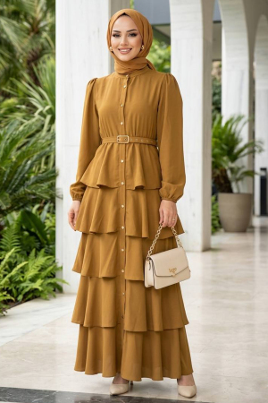 Imported Crepe Kat Kat Detailed Oil Green Modest Dress 95721YY 