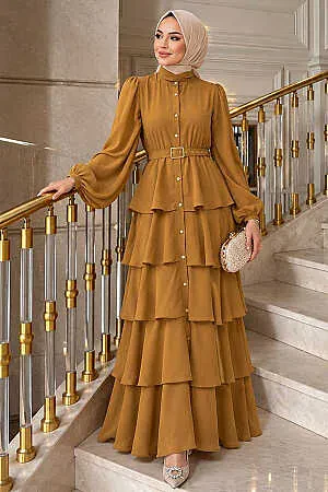 Imported Crepe Kat Kat Detailed Oil Green Modest Dress 95721YY 
