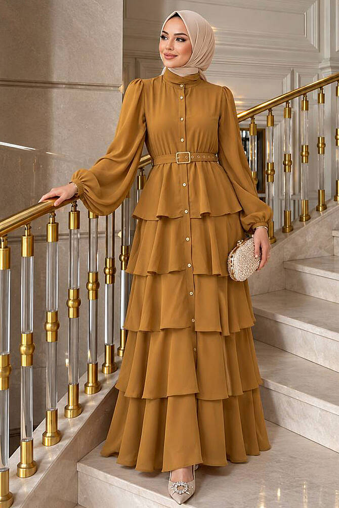 Imported Crepe Kat Kat Detailed Oil Green Modest Dress 95721YY - 1