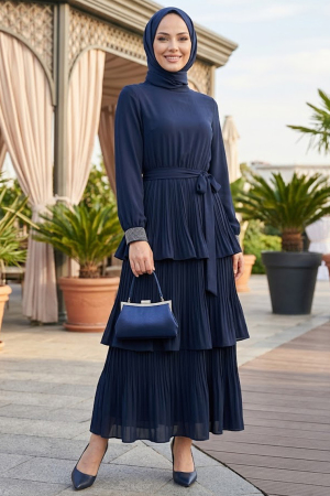 Imported Crepe Navy Blue Layered Pleated Modest Dress 95719L - 2