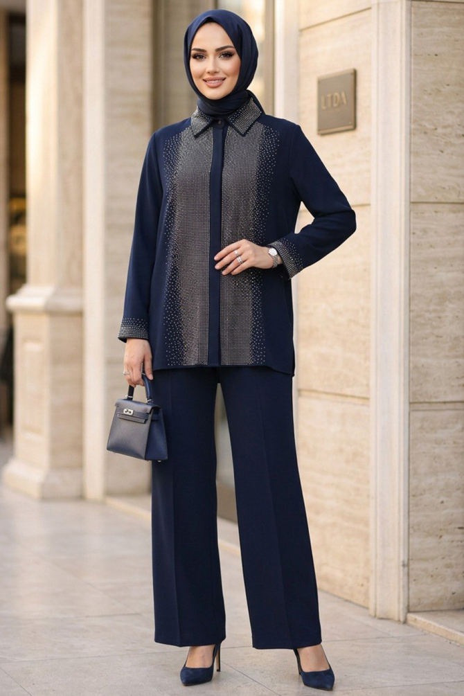 Imported Crepe Navy Blue Stone Embroidered Modest Two-Piece Set 95726L - 2